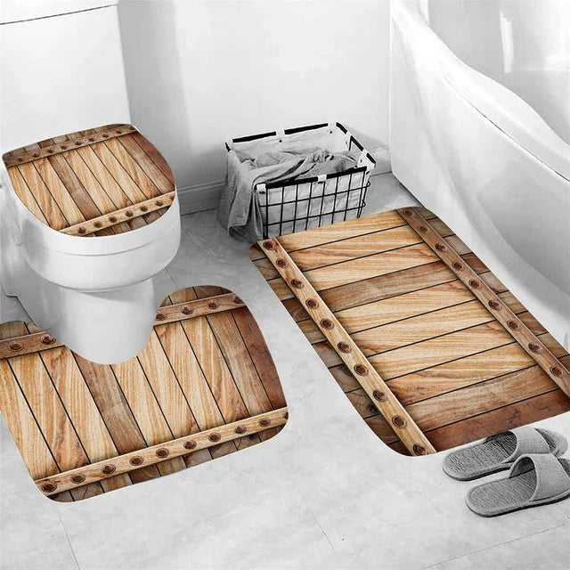 Wooden Pattern of Farmhouse Set of 3 Bathroom Bath Mat Soft Mat Bathroom Rug Absorbent Shower Carpets Toilet Lid Cover Floor