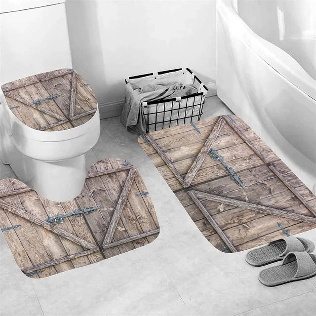 Wooden Pattern of Farmhouse Set of 3 Bathroom Bath Mat Soft Mat Bathroom Rug Absorbent Shower Carpets Toilet Lid Cover Floor