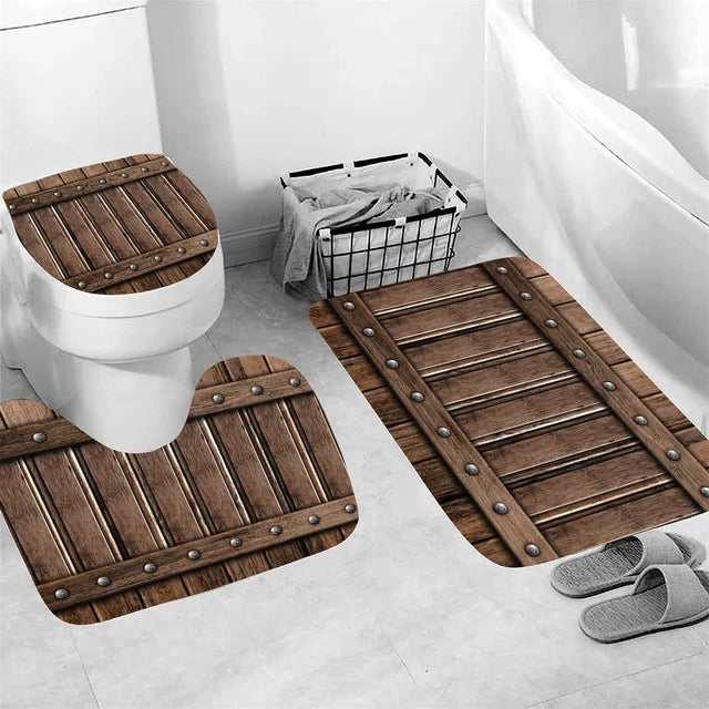 Wooden Pattern of Farmhouse Set of 3 Bathroom Bath Mat Soft Mat Bathroom Rug Absorbent Shower Carpets Toilet Lid Cover Floor