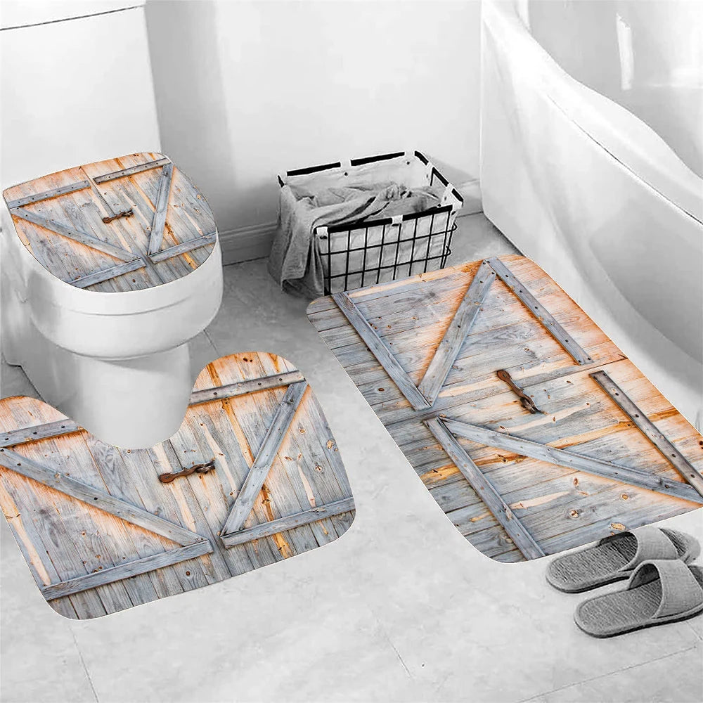 Wooden Pattern of Farmhouse Set of 3 Bathroom Bath Mat Soft Mat Bathroom Rug Absorbent Shower Carpets Toilet Lid Cover Floor