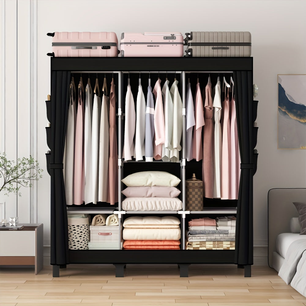 Oumyjia Black Dust-Proof Cloth Wardrobe - Durable Steel Frame, Multi-Layer Storage Organizer For Bedroom, Rental, And Dorm