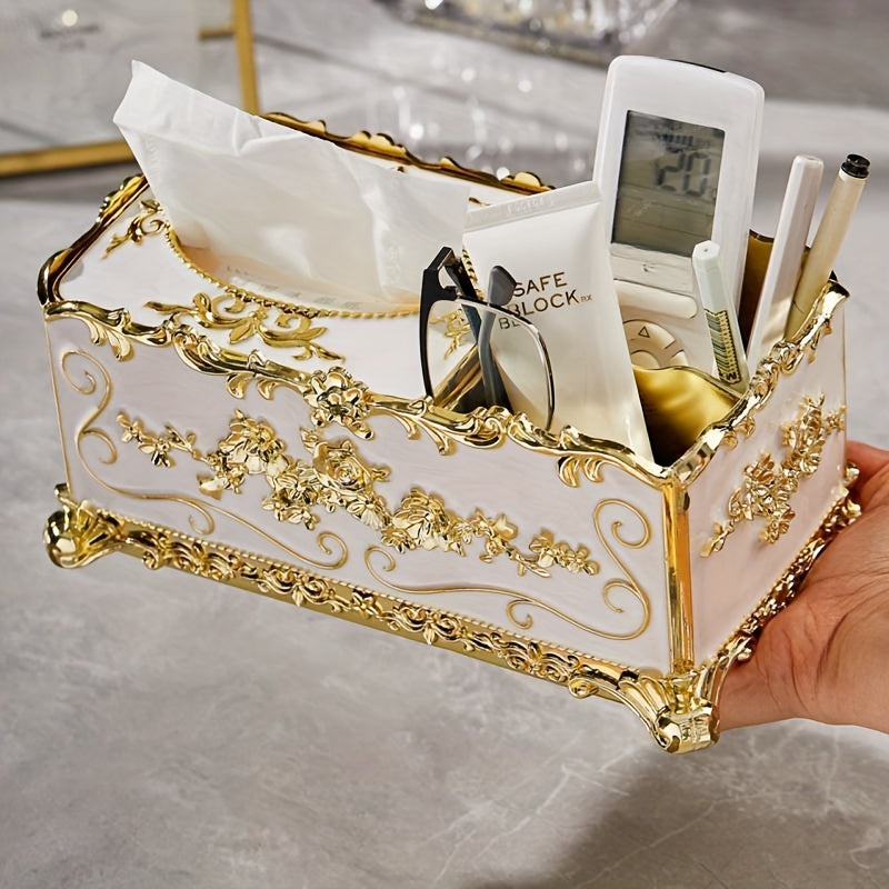 1pc Multifunctional Tissue Box, Tissue Box Cover, Napkin Dispenser Container, Flower Carved Tissue Holder, Tissue Storage Box For Bathroom Living Room Vanity Countertop, Home Decor, Bathroom Accessories Luxury Golden