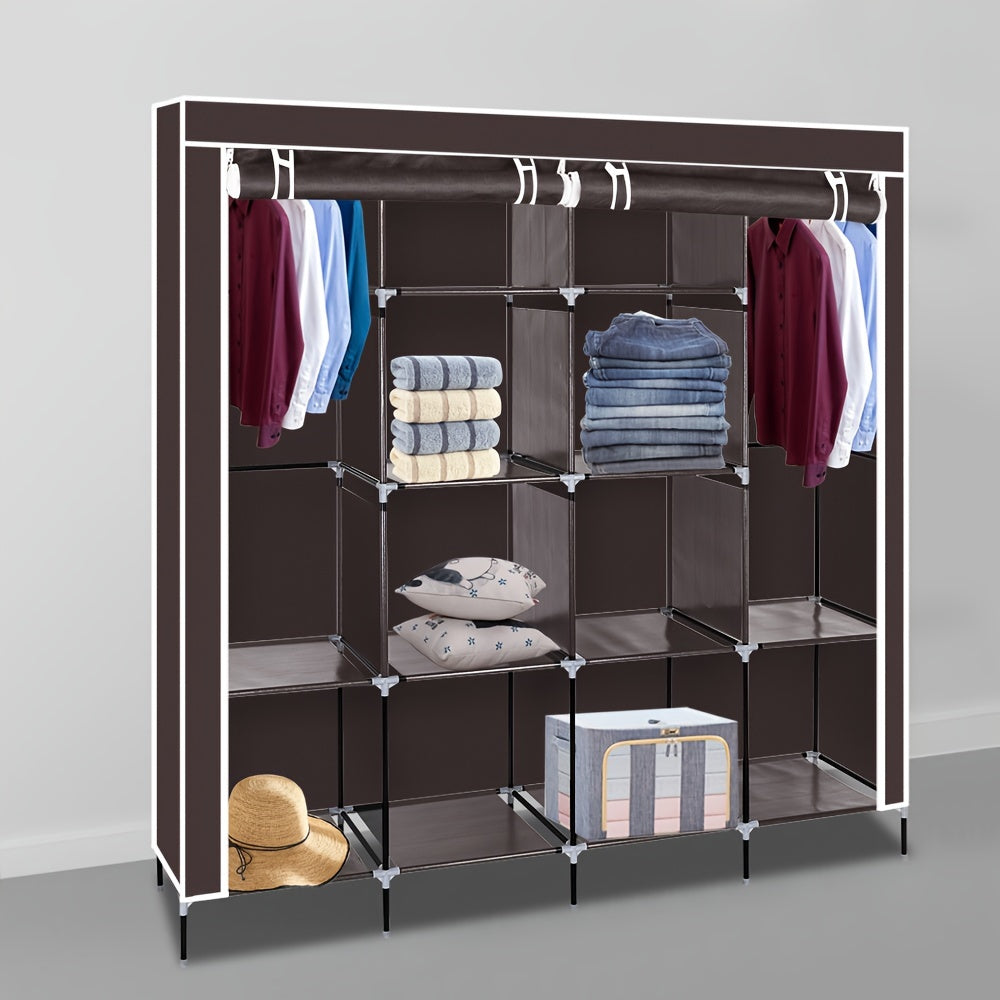 Portable Wardrobe Clothes Storage Rack 12 Grids 4 Side Pockets