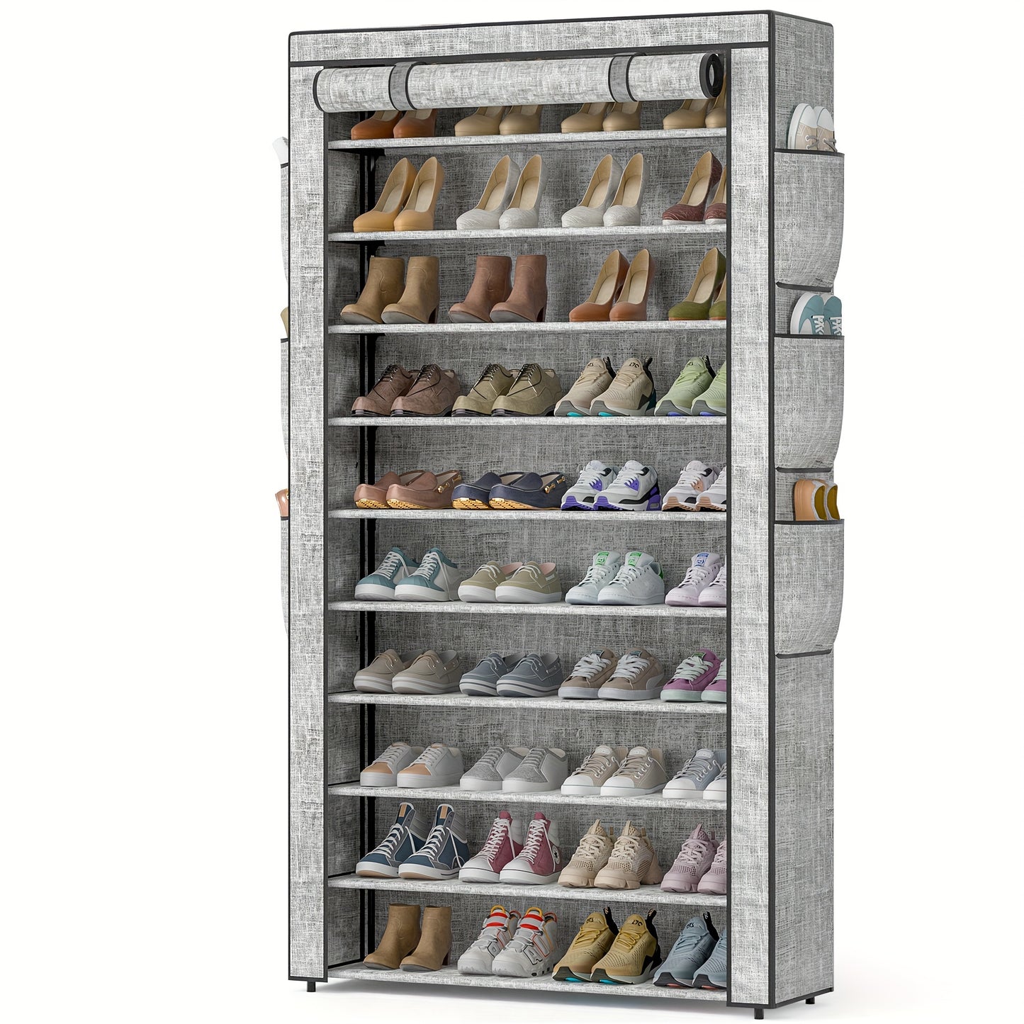 Large Printing Dustproof Shoe Cabinet Tall Shoe Storage Rack Large Capacity 10 Tier Holds 50-56 Pairs Beautiful Tall Shoe Shelf For Entryway Closet With Pockets On Both Sides