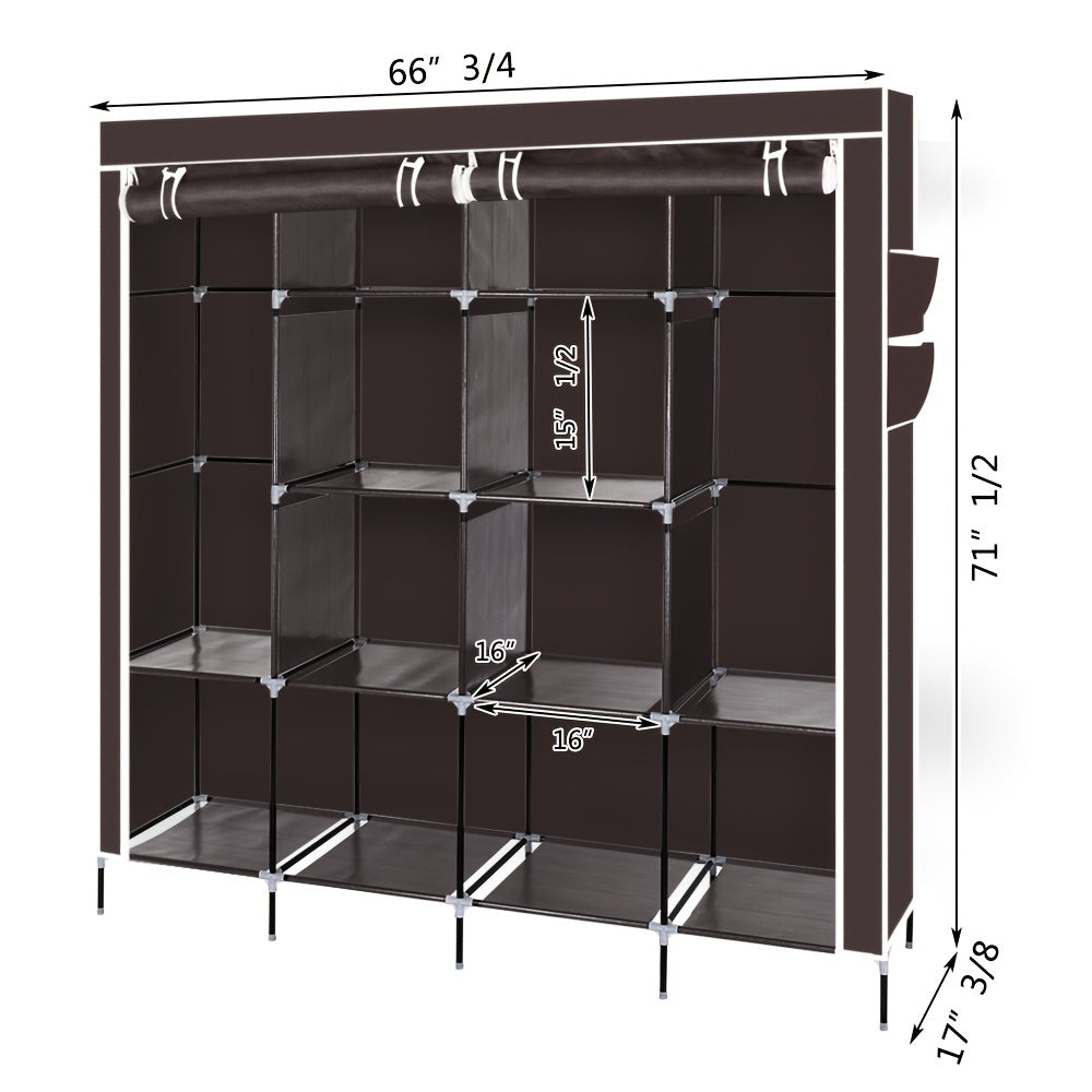 Portable Wardrobe Clothes Storage Rack 12 Grids 4 Side Pockets