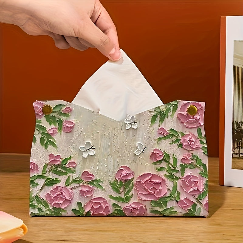 2-piece Leather Tissue Box, Tissue Box Lid, Napkin Dispenser Container, Floral Printed Tissue Holder, Bathroom Tissue Storage Box, Living Room And Bedroom Vanity, Home Decoration, Bathroom Accessories