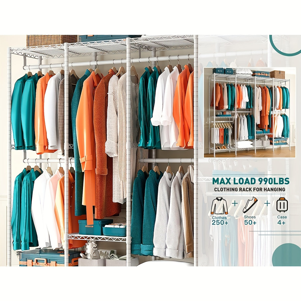 White Closet - Contemporary Metal Four-Column Freestanding Wardrobe Organizer - White, Modern, Space-Saving - For Small Closets, Dorm Rooms - Optimize Capacity, Enhance Organization - Style! Space! Solved!