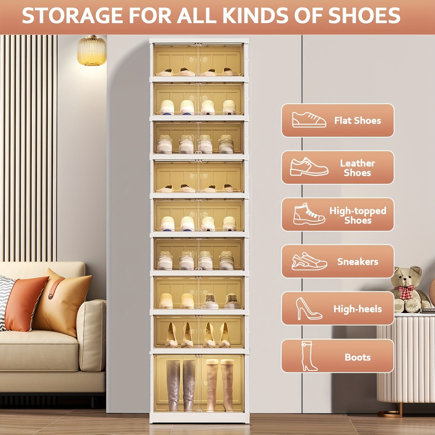 Portable Shoe Rack Organizer Foldable Shoe Box with Doors, Large Folding Cabinet Bins.Stackable Plastic Shoe Box, Storage Shoe Cabinet for Hallway, Living Room, Closet Shoe Cabinets