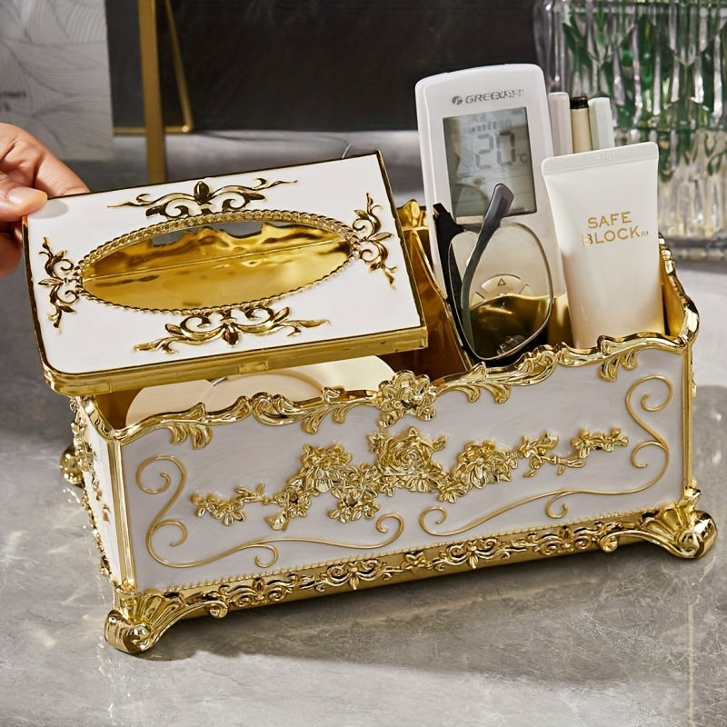 1pc Multifunctional Tissue Box, Tissue Box Cover, Napkin Dispenser Container, Flower Carved Tissue Holder, Tissue Storage Box For Bathroom Living Room Vanity Countertop, Home Decor, Bathroom Accessories Luxury Golden