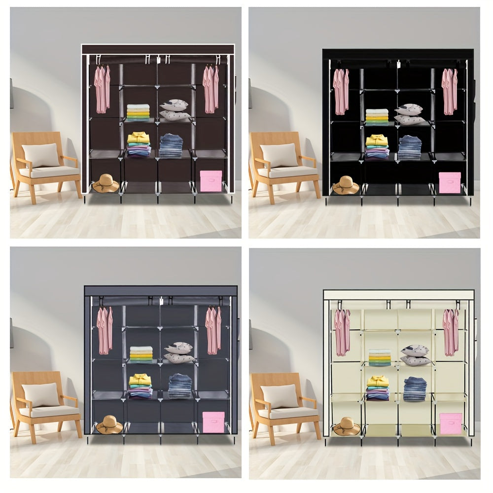 Portable Wardrobe Clothes Storage Rack 12 Grids 4 Side Pockets