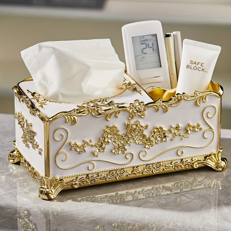 1pc Multifunctional Tissue Box, Tissue Box Cover, Napkin Dispenser Container, Flower Carved Tissue Holder, Tissue Storage Box For Bathroom Living Room Vanity Countertop, Home Decor, Bathroom Accessories Luxury Golden