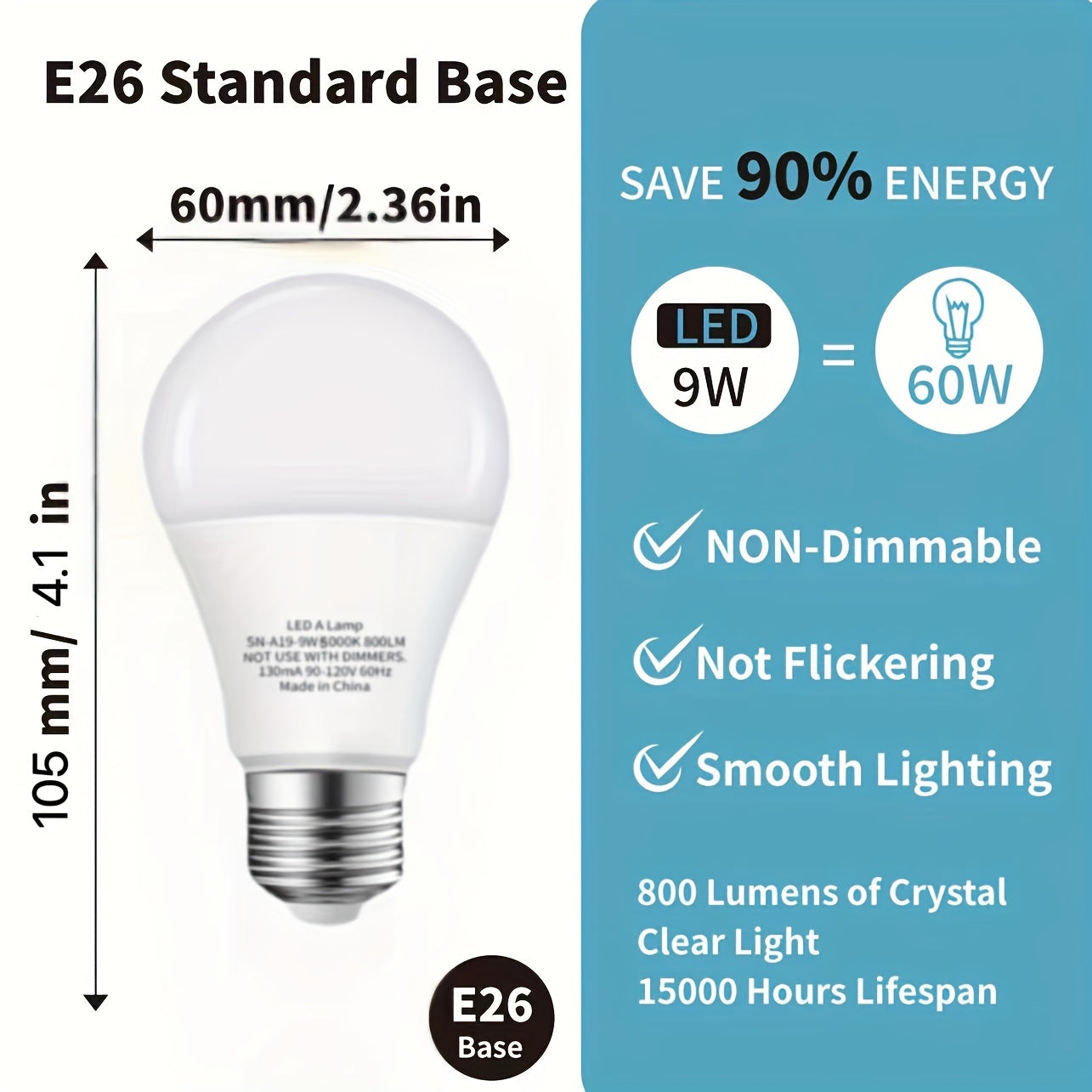 4pcs A19 LED Light Bulbs 60W Equivalent, 800 Lumens CRI 90+ Daylight 5000K \u002FWarmwhite 3000K, E26 Standard Base, Non-dimmable AC 120V Light Bulbs For Home Office