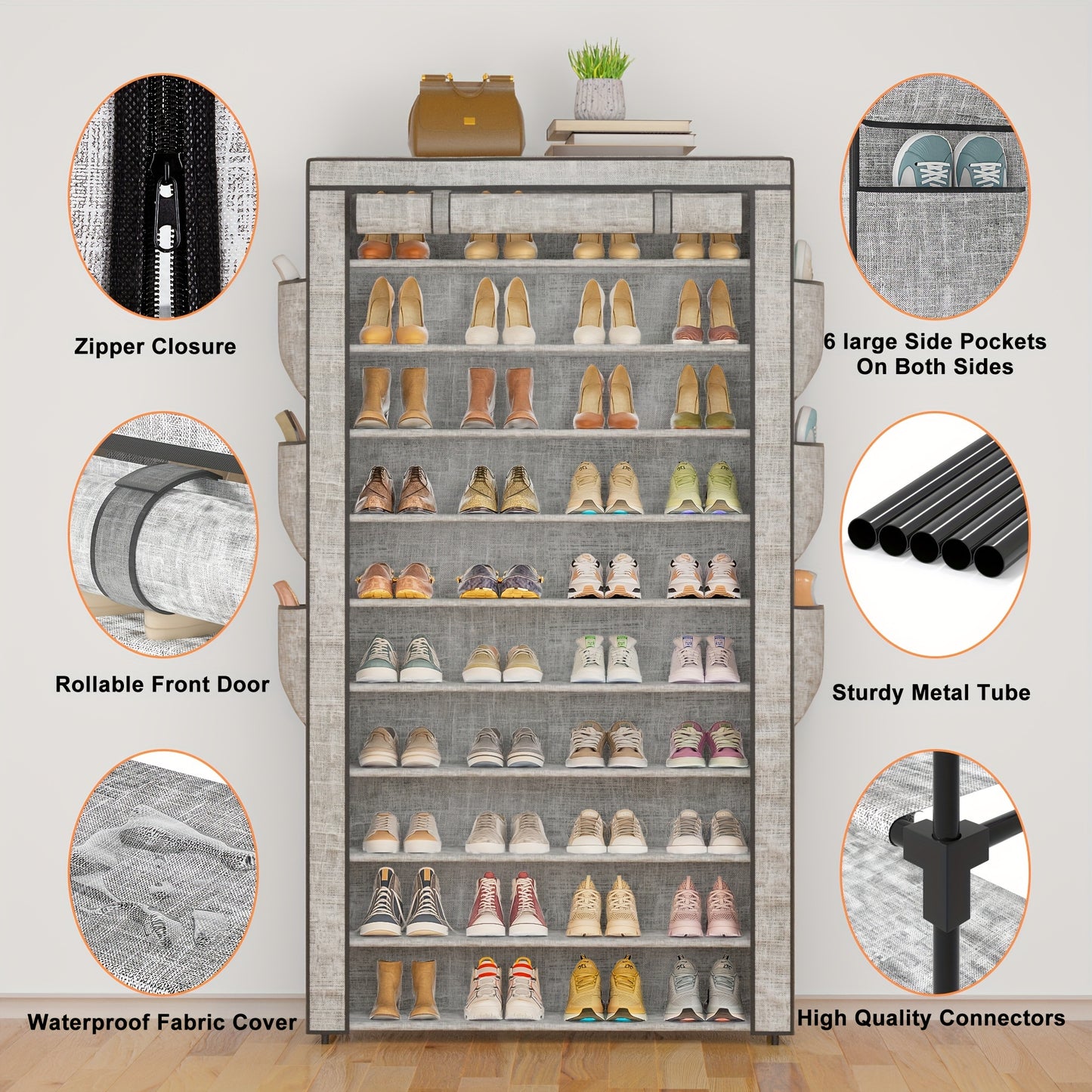 Large Printing Dustproof Shoe Cabinet Tall Shoe Storage Rack Large Capacity 10 Tier Holds 50-56 Pairs Beautiful Tall Shoe Shelf For Entryway Closet With Pockets On Both Sides