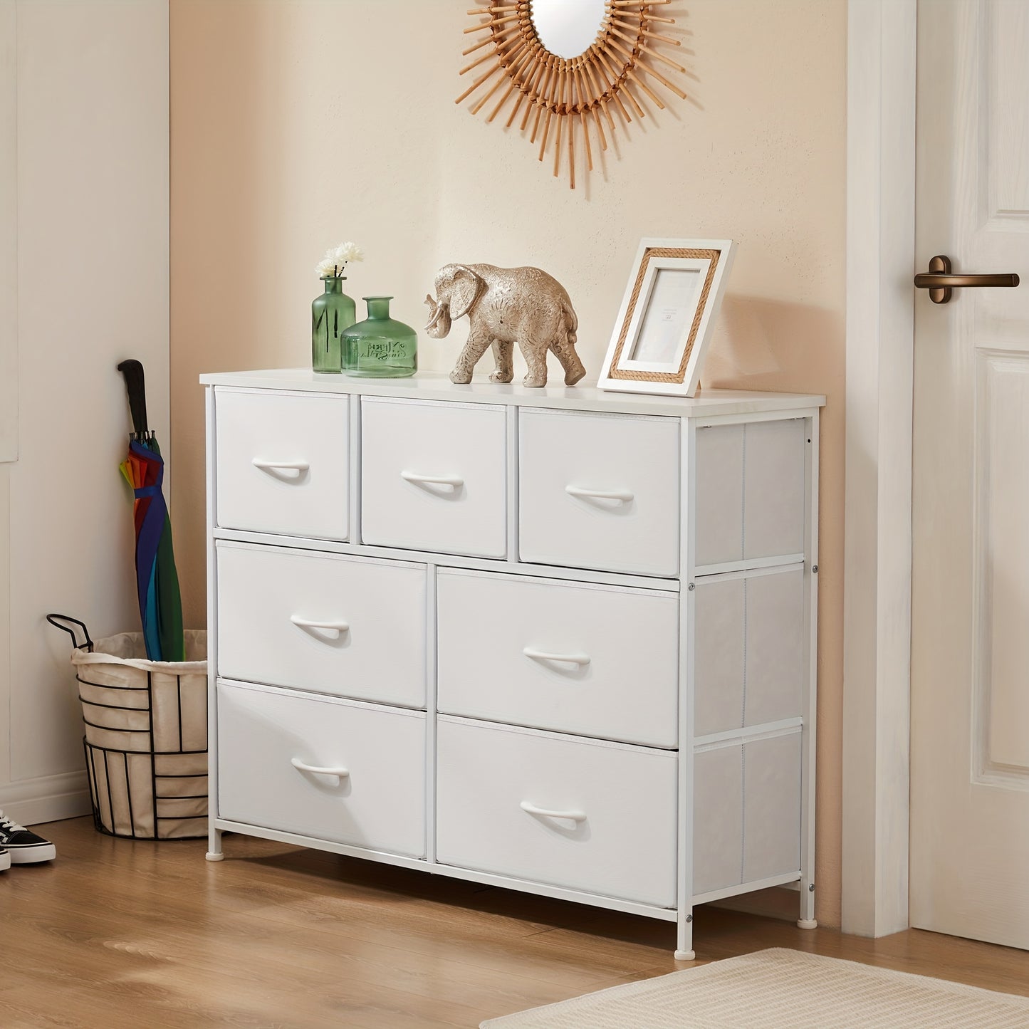 Dresser For Bedroom, Steel Frame And Wooden Top Closet With 7 Chest Clothes Storage Set, Living Furniture Organizer, 30 Inch Height Shelf In Kids Room, Hallway, 7 Drawer Dresser